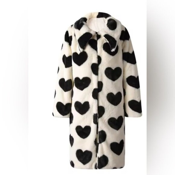 NEW Retail $ 168 All Hearts Patterned Faux Rabbit Fur Coat Midi Jacket - Picture 2 of 7